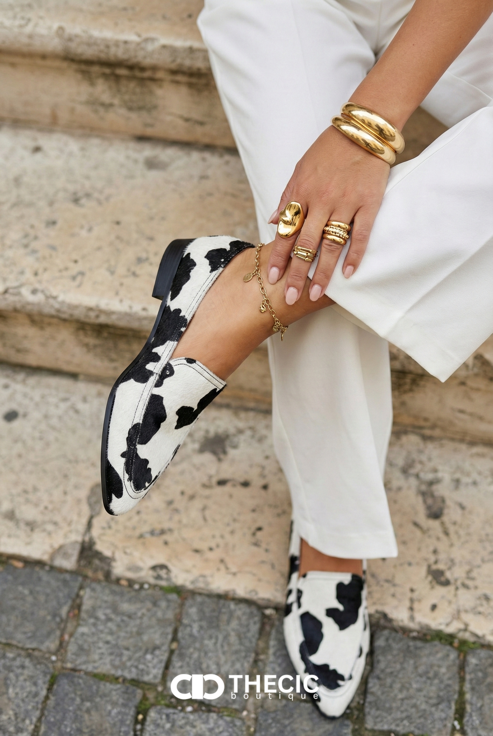 Cow Print Pointed Toe Block Heel Loafers