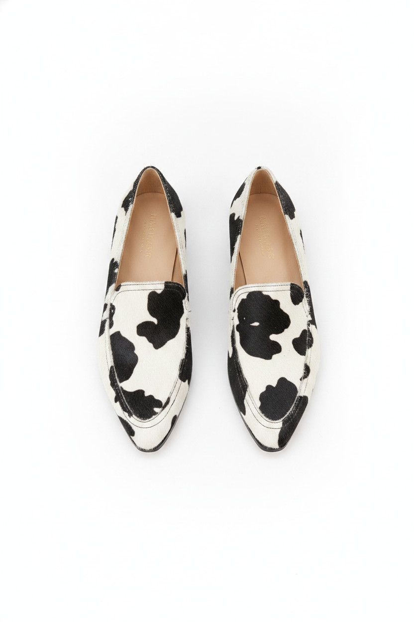 Cow Print Pointed Toe Block Heel Loafers