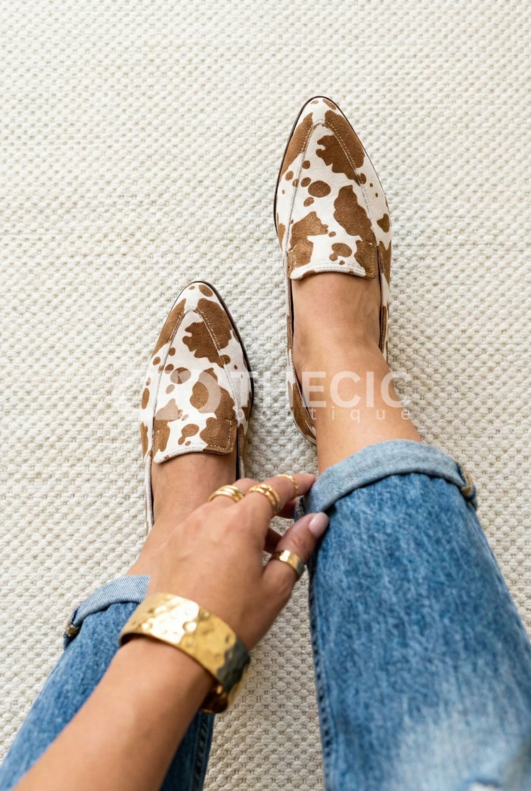 Cow Print Pointed-Toe Slip-On Loafers