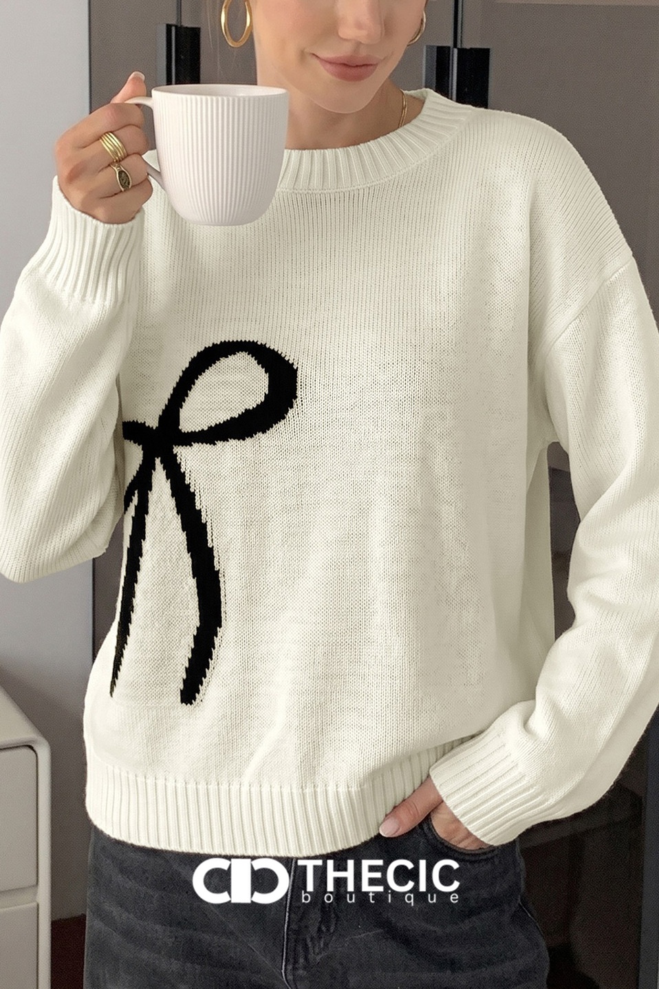 Crew Neck Ribbed Knit Bow Sweater