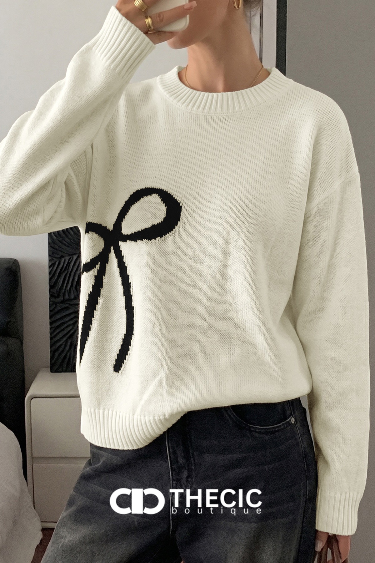 Crew Neck Ribbed Knit Bow Sweater