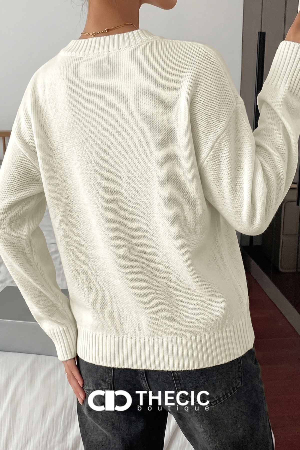 Crew Neck Ribbed Knit Bow Sweater
