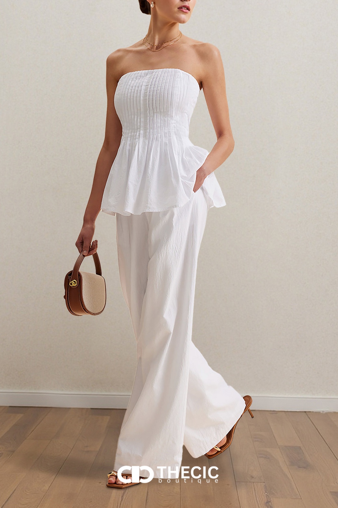 Crinkled Pleated Strapless Peplum Top Trousers Set