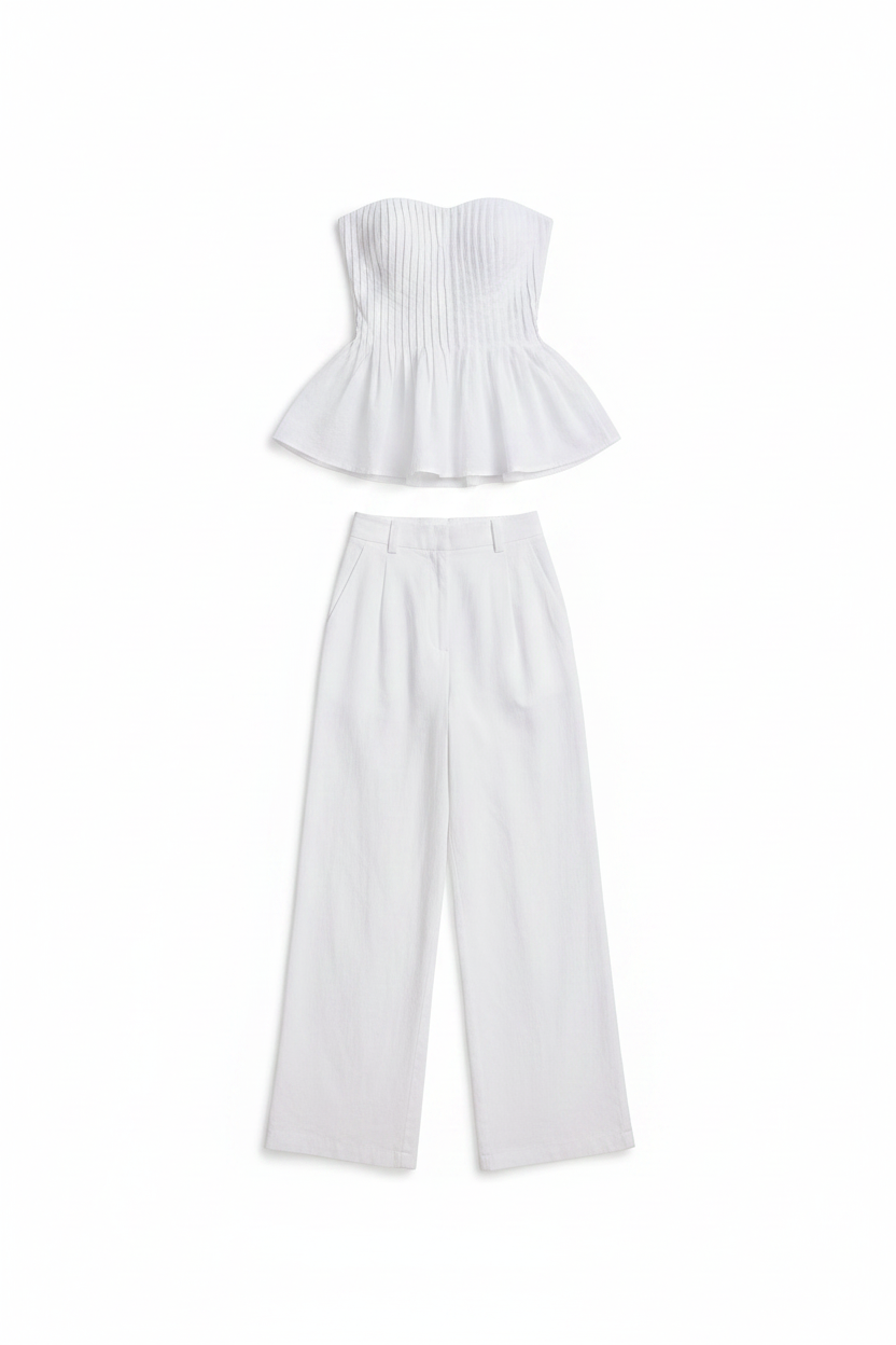 Crinkled Pleated Strapless Peplum Top Trousers Set