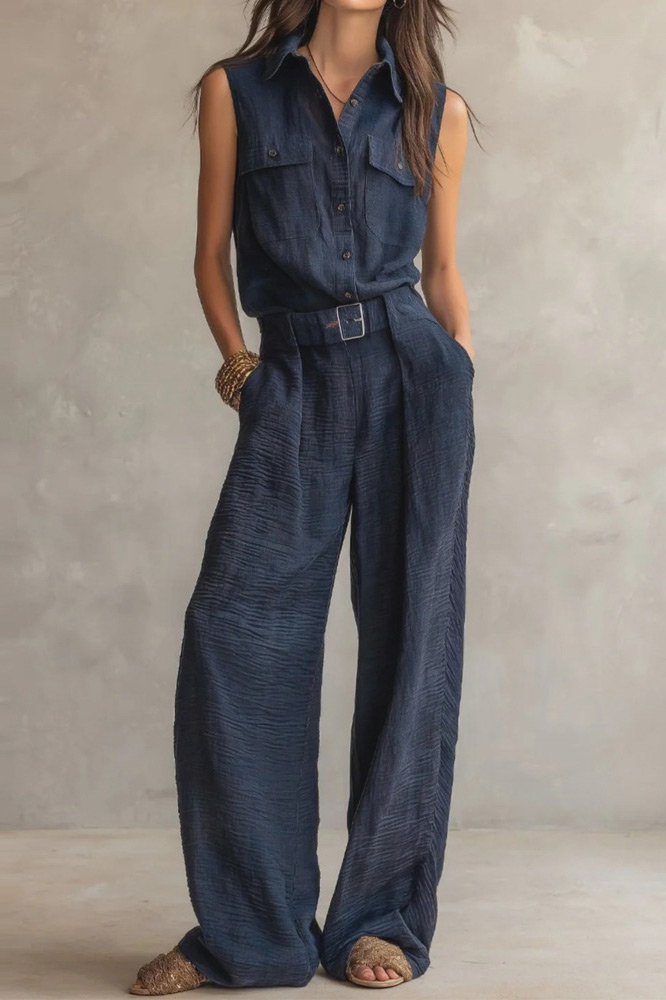 Crinkled Sleeveless Collared Belted Wide-Leg Jumpsuit