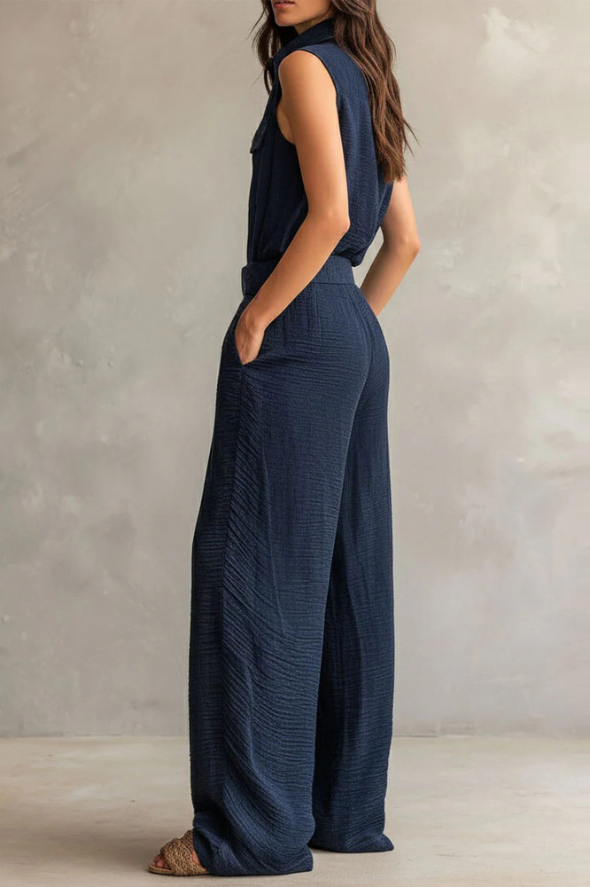 Crinkled Sleeveless Collared Belted Wide-Leg Jumpsuit