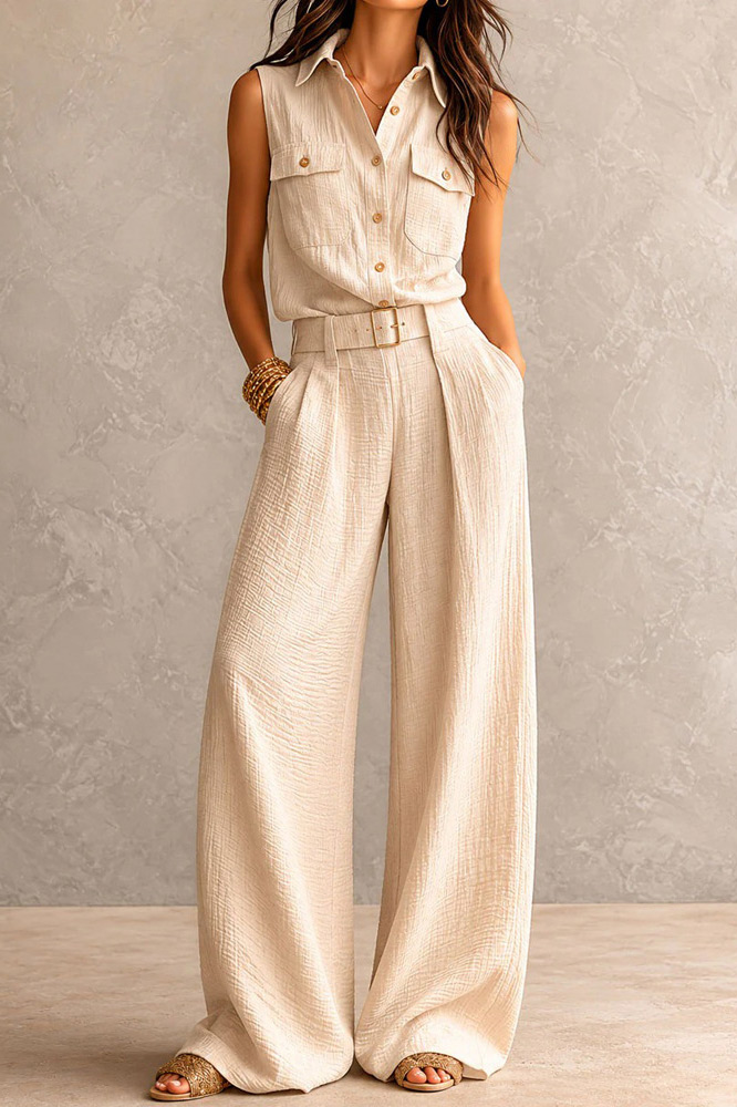 Crinkled Sleeveless Collared Belted Wide-Leg Jumpsuit