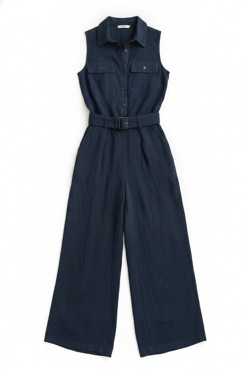 Crinkled Sleeveless Collared Belted Wide-Leg Jumpsuit