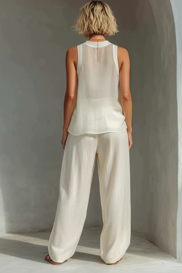 Crinkled Sleeveless Mock Neck Wide-Leg Two-Piece Set
