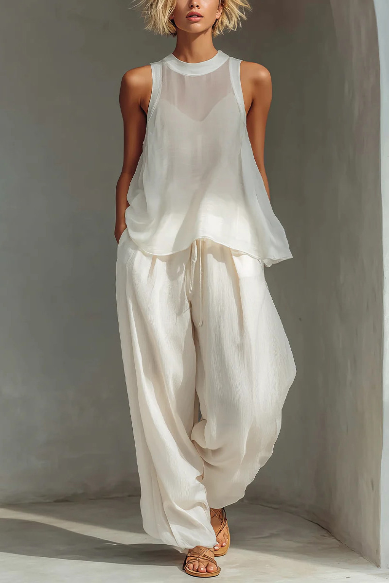 Crinkled Sleeveless Mock Neck Wide-Leg Two-Piece Set