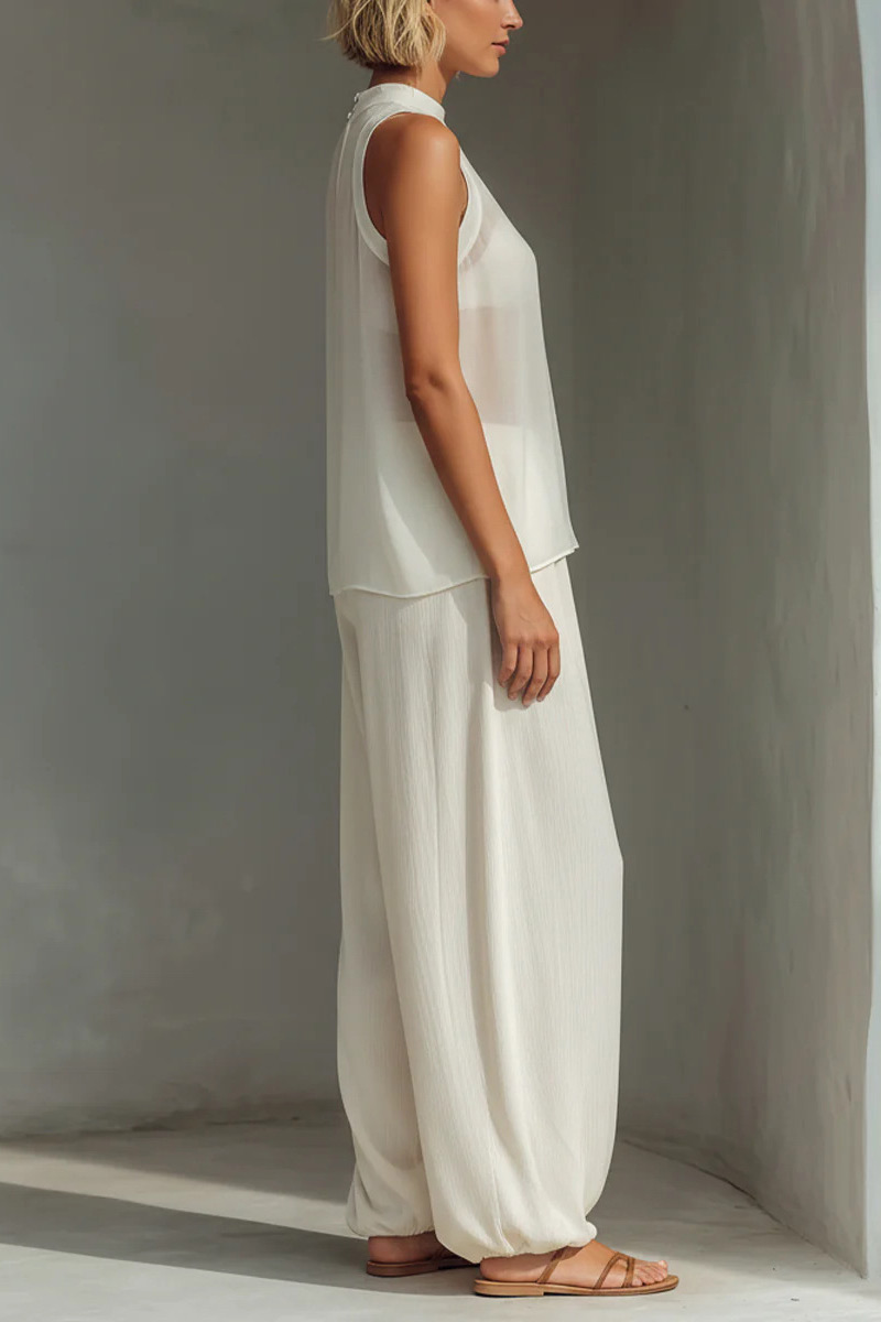 Crinkled Sleeveless Mock Neck Wide-Leg Two-Piece Set
