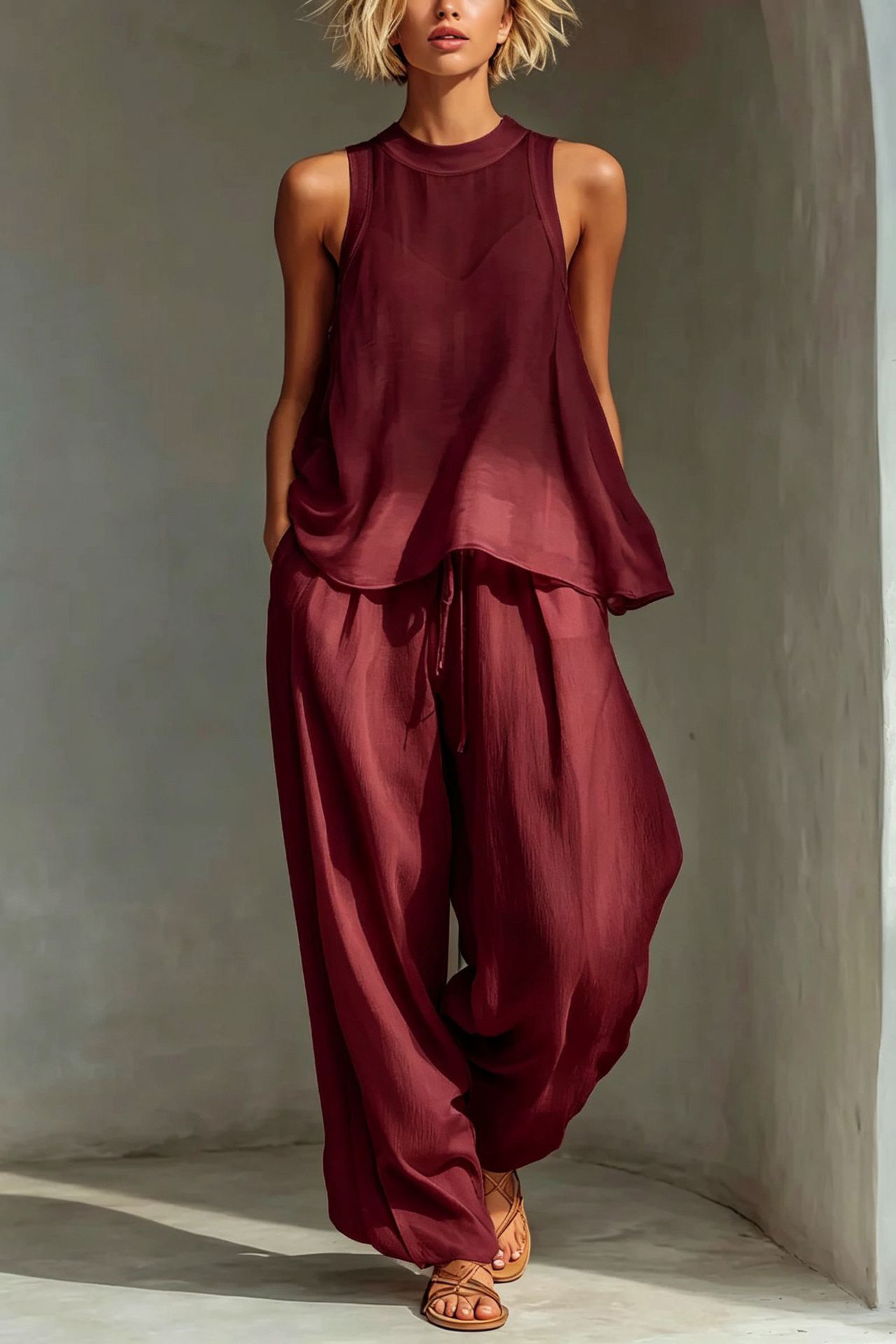 Crinkled Sleeveless Mock Neck Wide-Leg Two-Piece Set