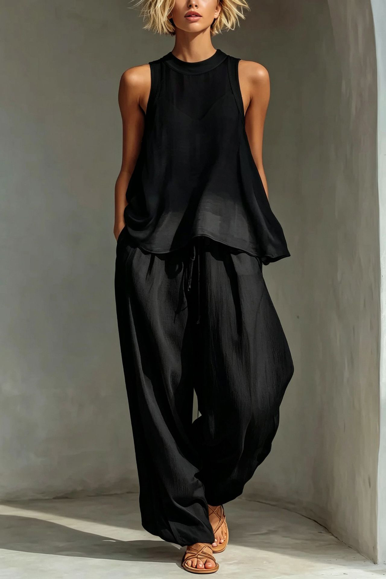 Crinkled Sleeveless Mock Neck Wide-Leg Two-Piece Set