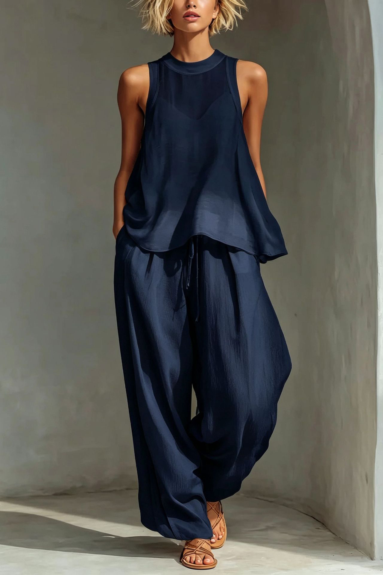 Crinkled Sleeveless Mock Neck Wide-Leg Two-Piece Set