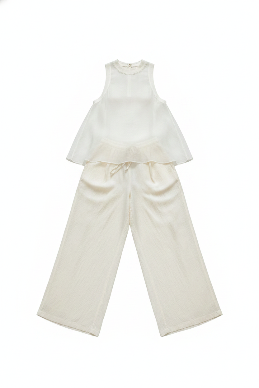 Crinkled Sleeveless Mock Neck Wide-Leg Two-Piece Set