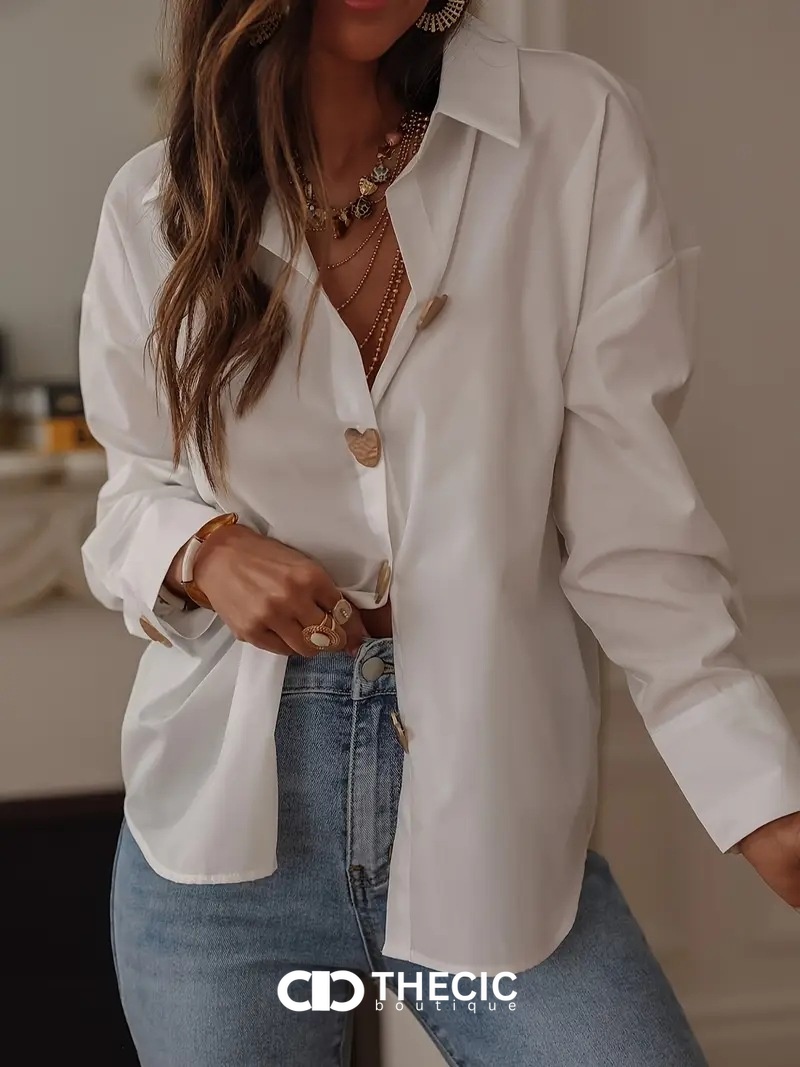 Crisp Cotton Heart Button Relaxed Shirt