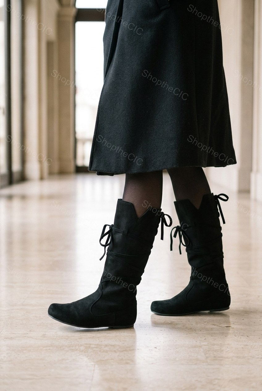 Criss-Cross Lace-Up Suede Flat Knee-High Boots