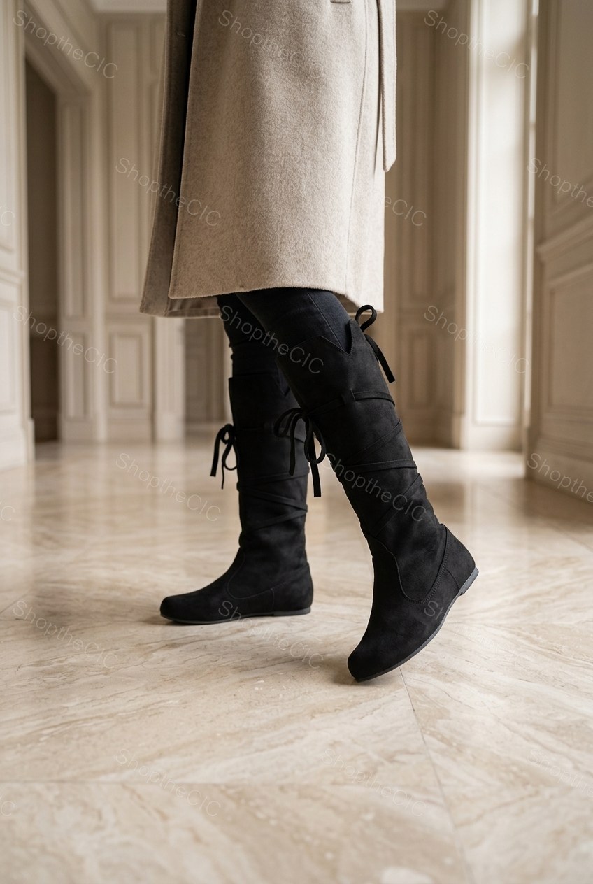 Criss-Cross Lace-Up Suede Flat Knee-High Boots