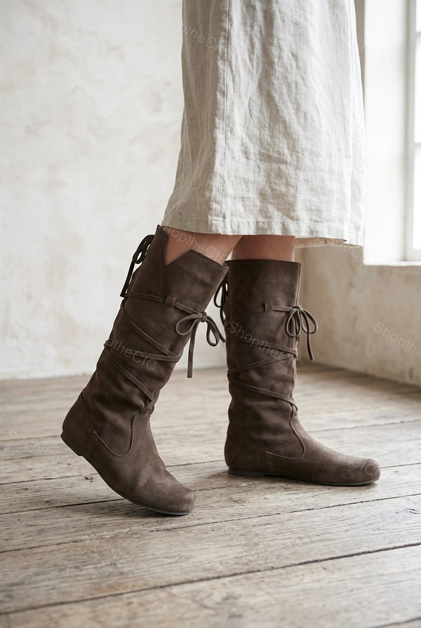 Criss-Cross Lace-Up Suede Flat Knee-High Boots