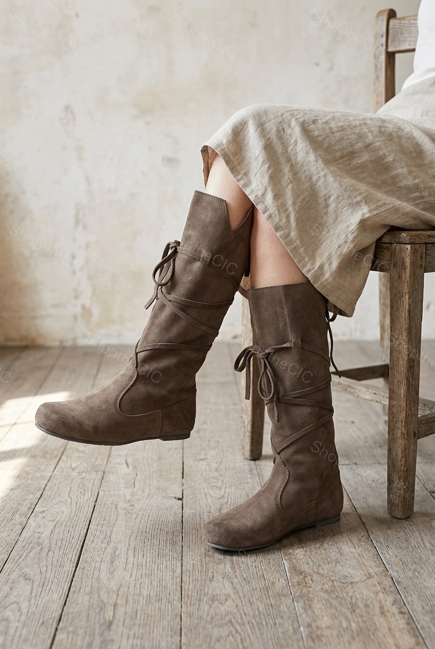 Criss-Cross Lace-Up Suede Flat Knee-High Boots