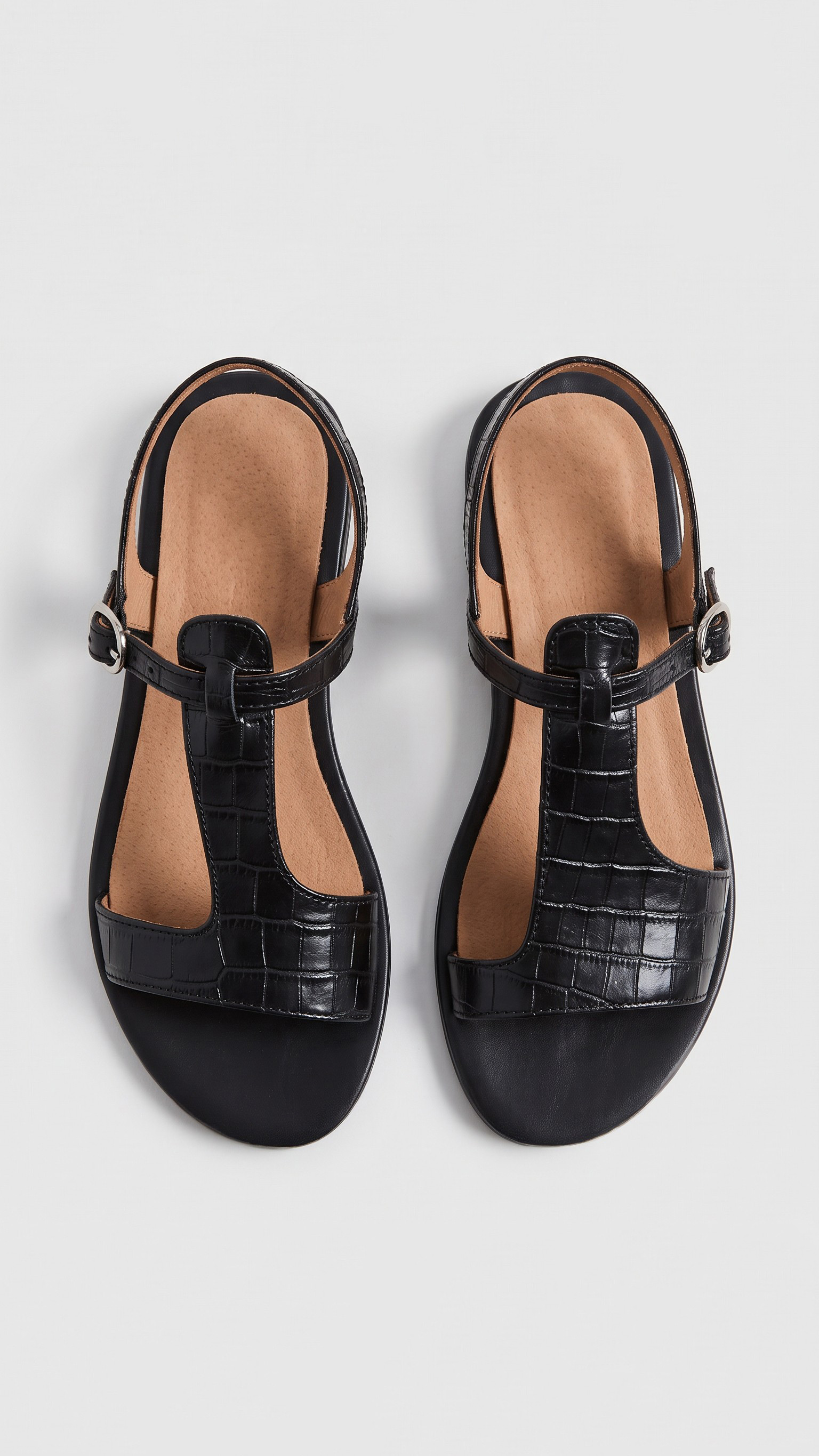 Croc-Embossed T-Strap Flat Sandals