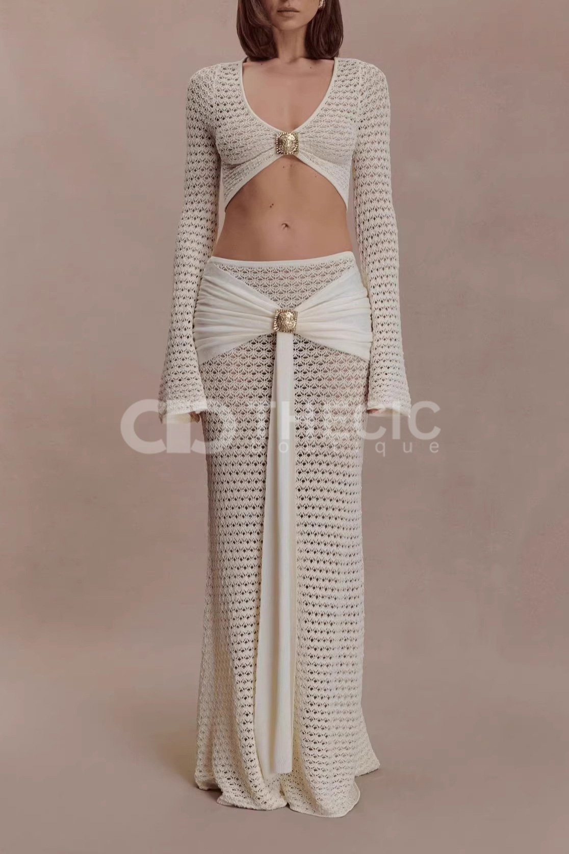 Crochet Knit Gold Buckle Crop Top Maxi Set