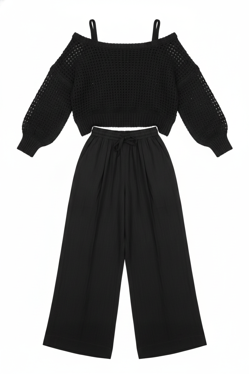 Crochet Knit Off-Shoulder Sweater Wide-Leg Pants Set