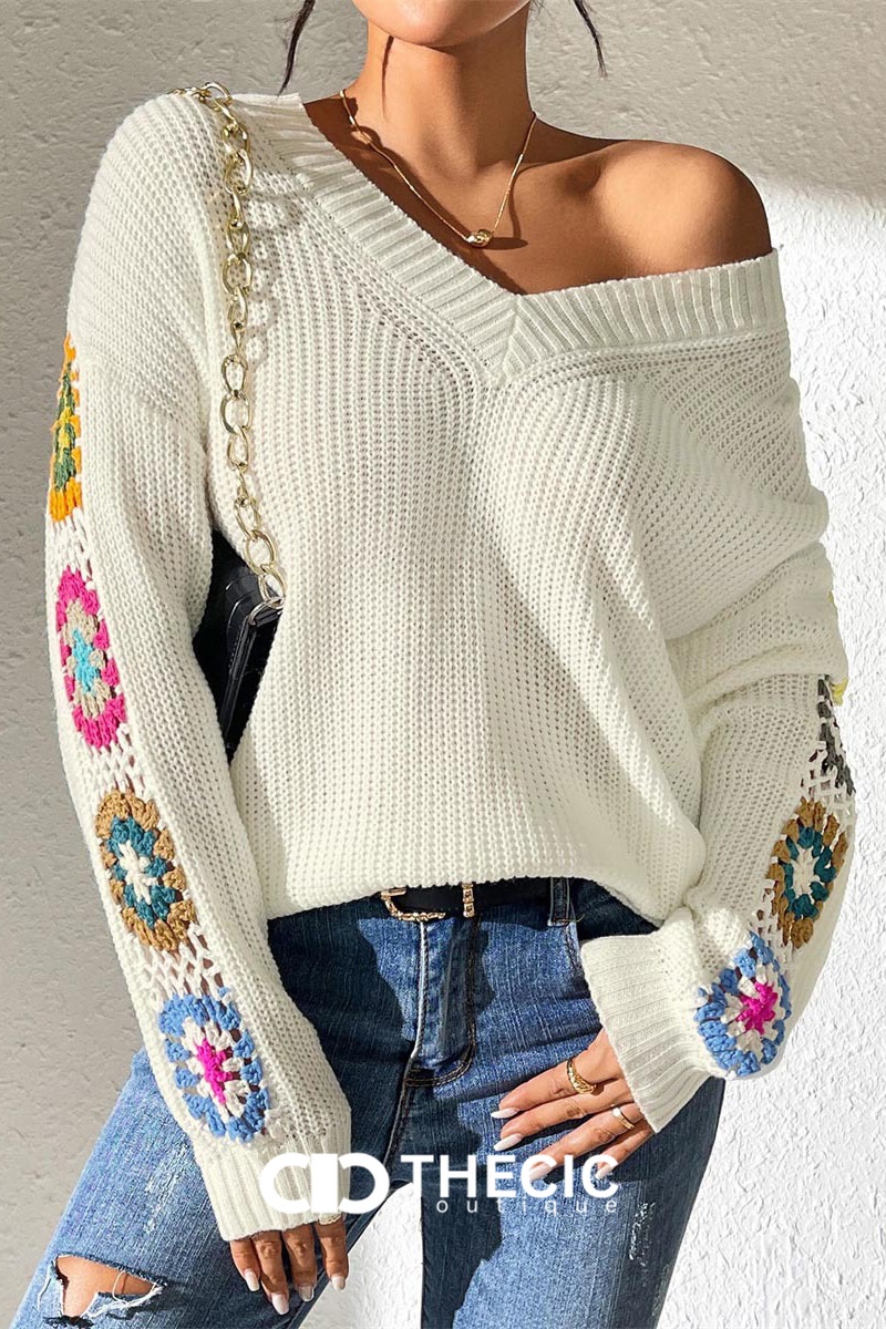 Crochet Knit V-Neck Relaxed Sweater