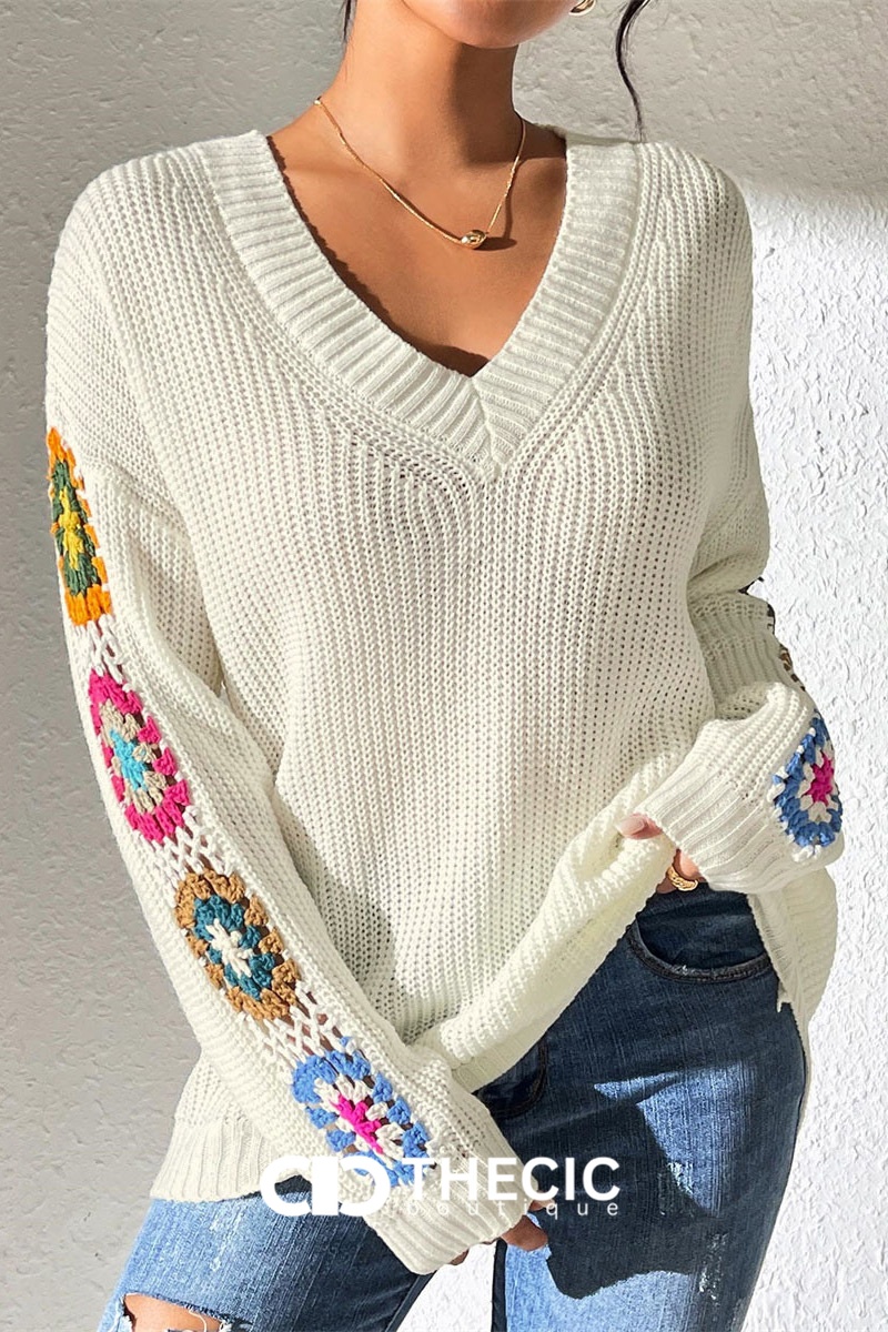 Crochet Knit V-Neck Relaxed Sweater