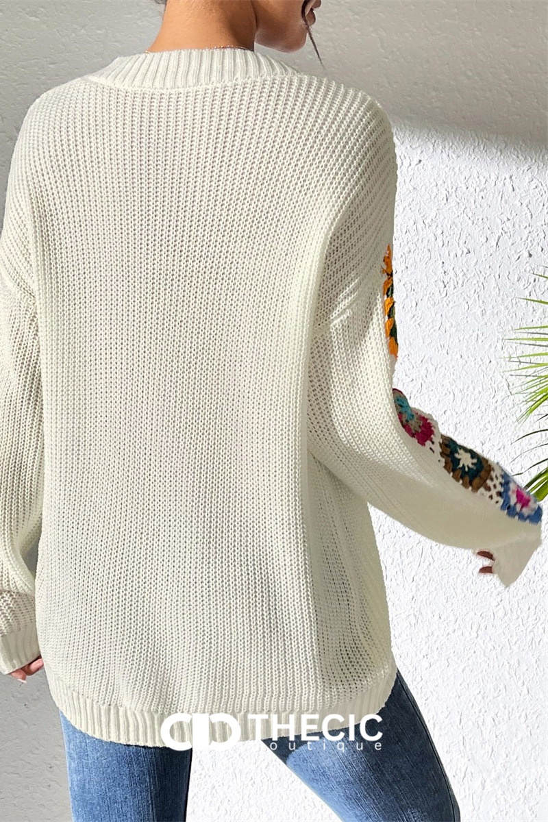 Crochet Knit V-Neck Relaxed Sweater