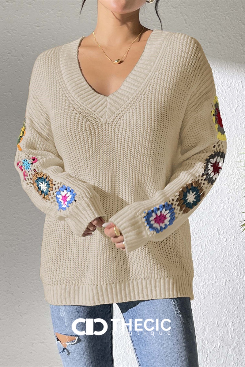 Crochet Knit V-Neck Relaxed Sweater