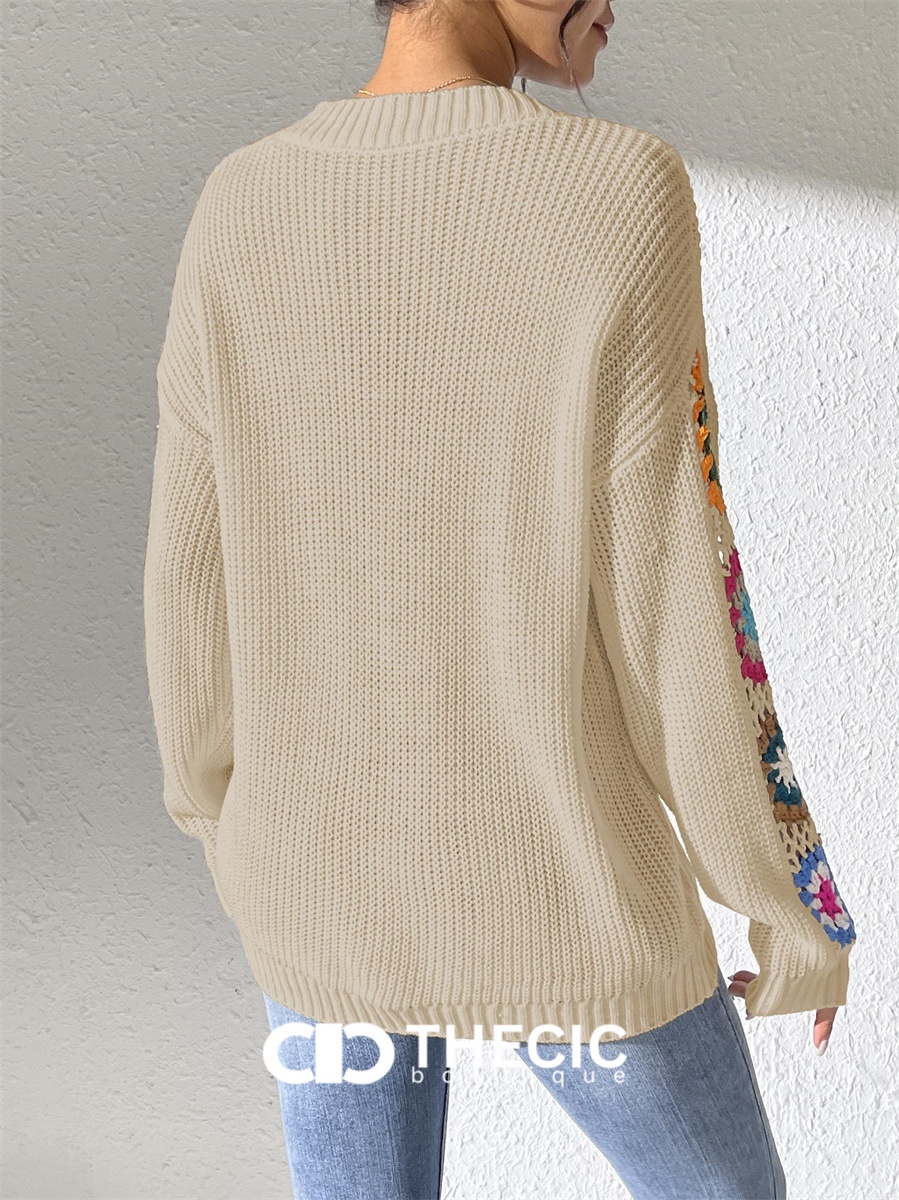 Crochet Knit V-Neck Relaxed Sweater
