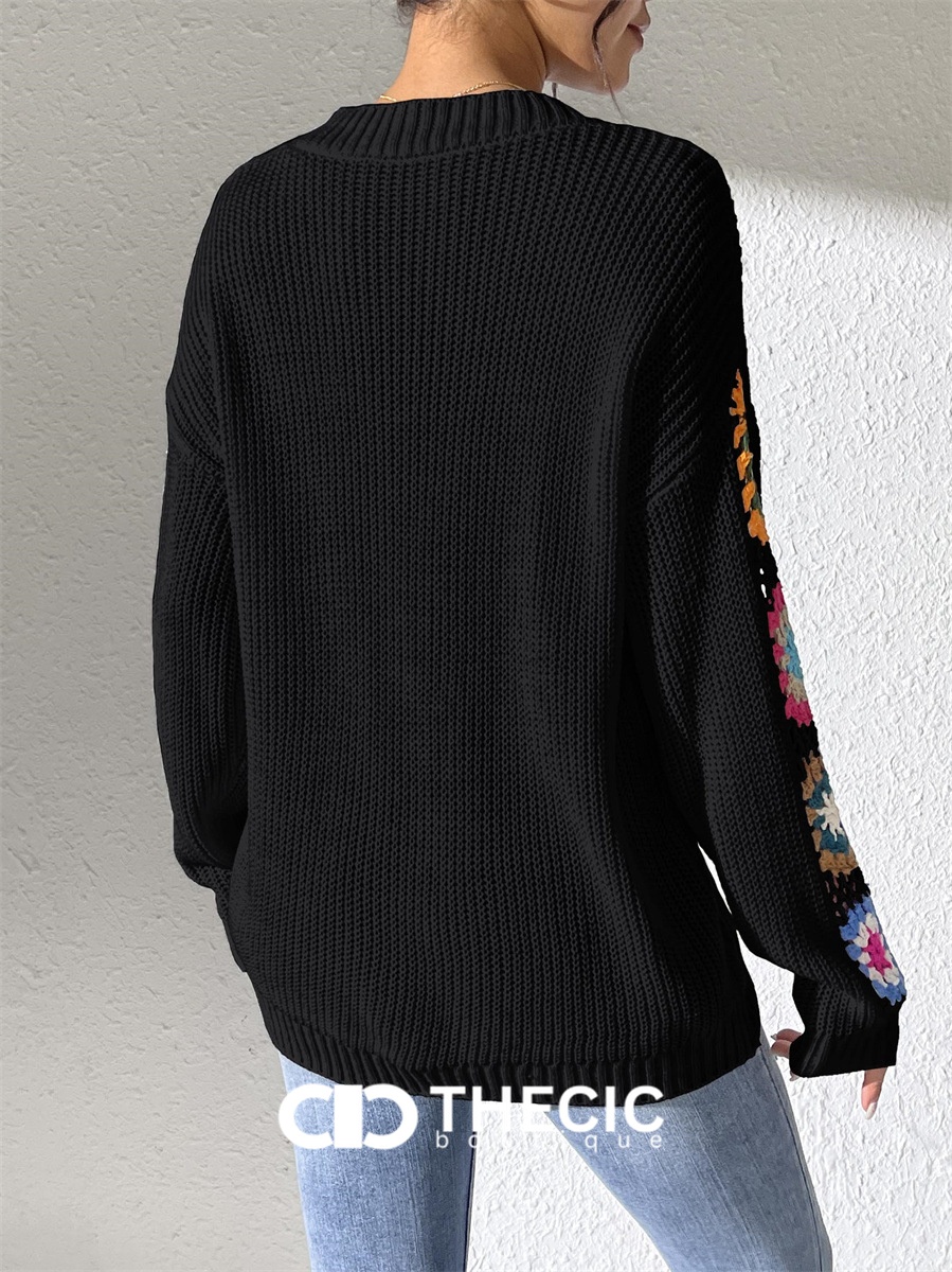 Crochet Knit V-Neck Relaxed Sweater