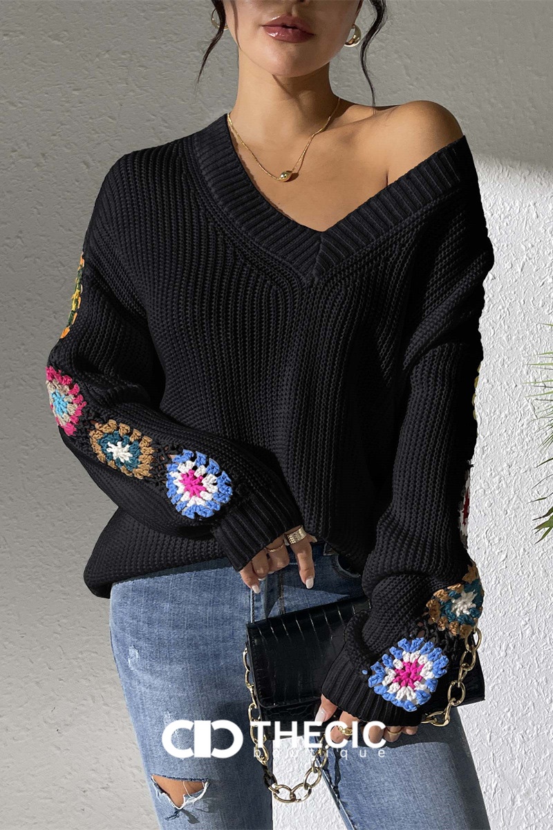Crochet Knit V-Neck Relaxed Sweater