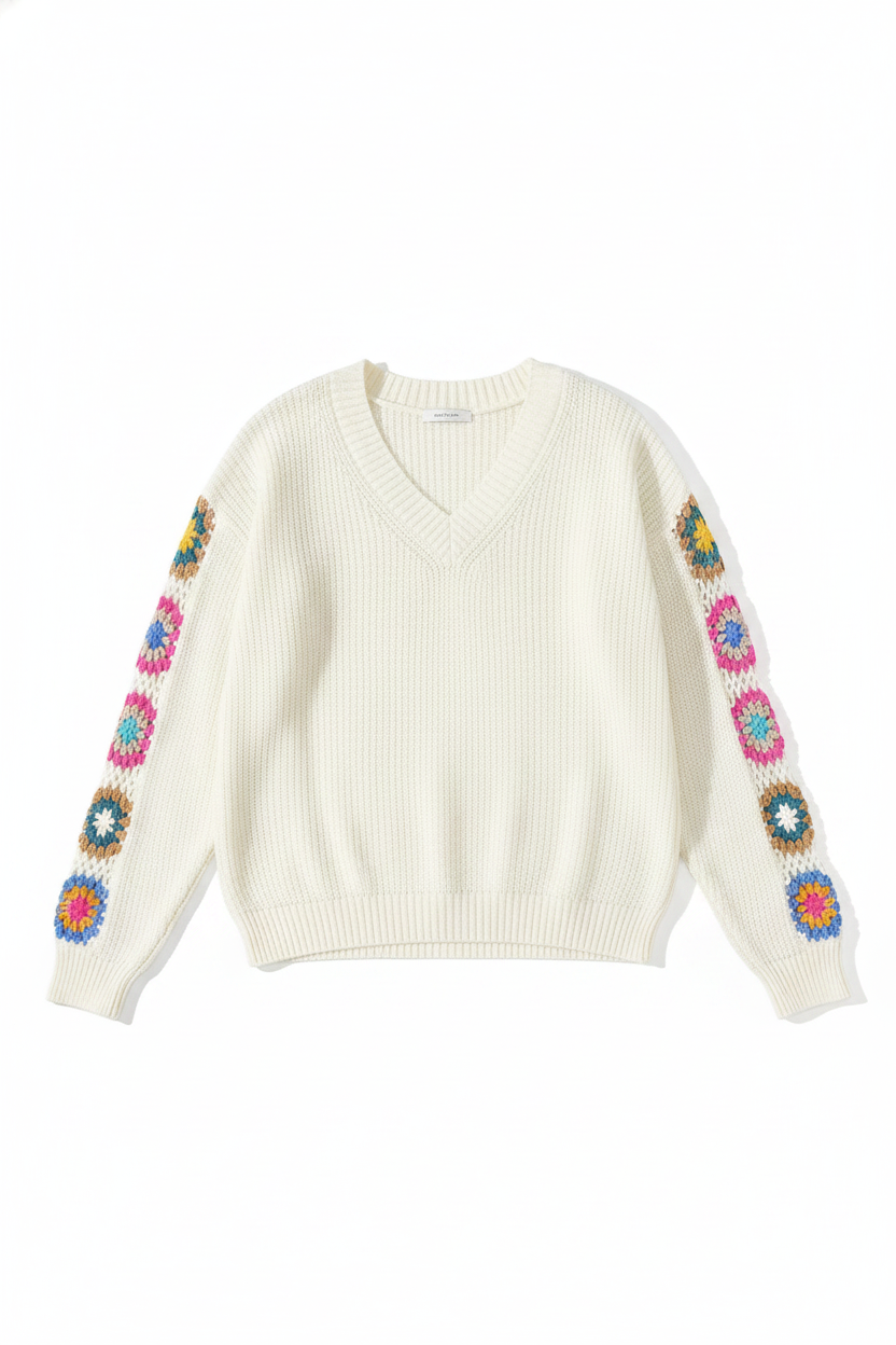 Crochet Knit V-Neck Relaxed Sweater