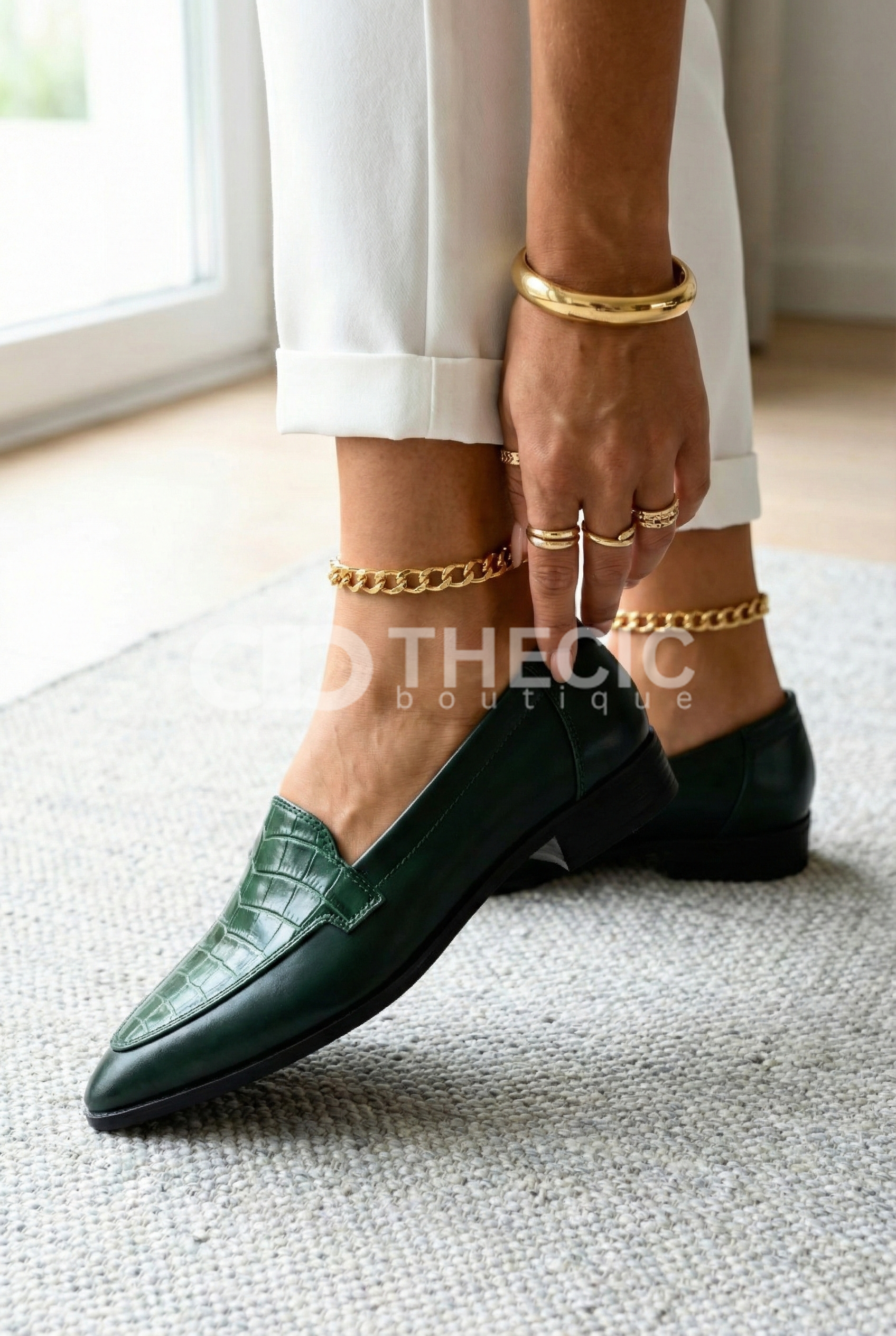 Crocodile-Embossed Pointed-Toe Leather Loafers