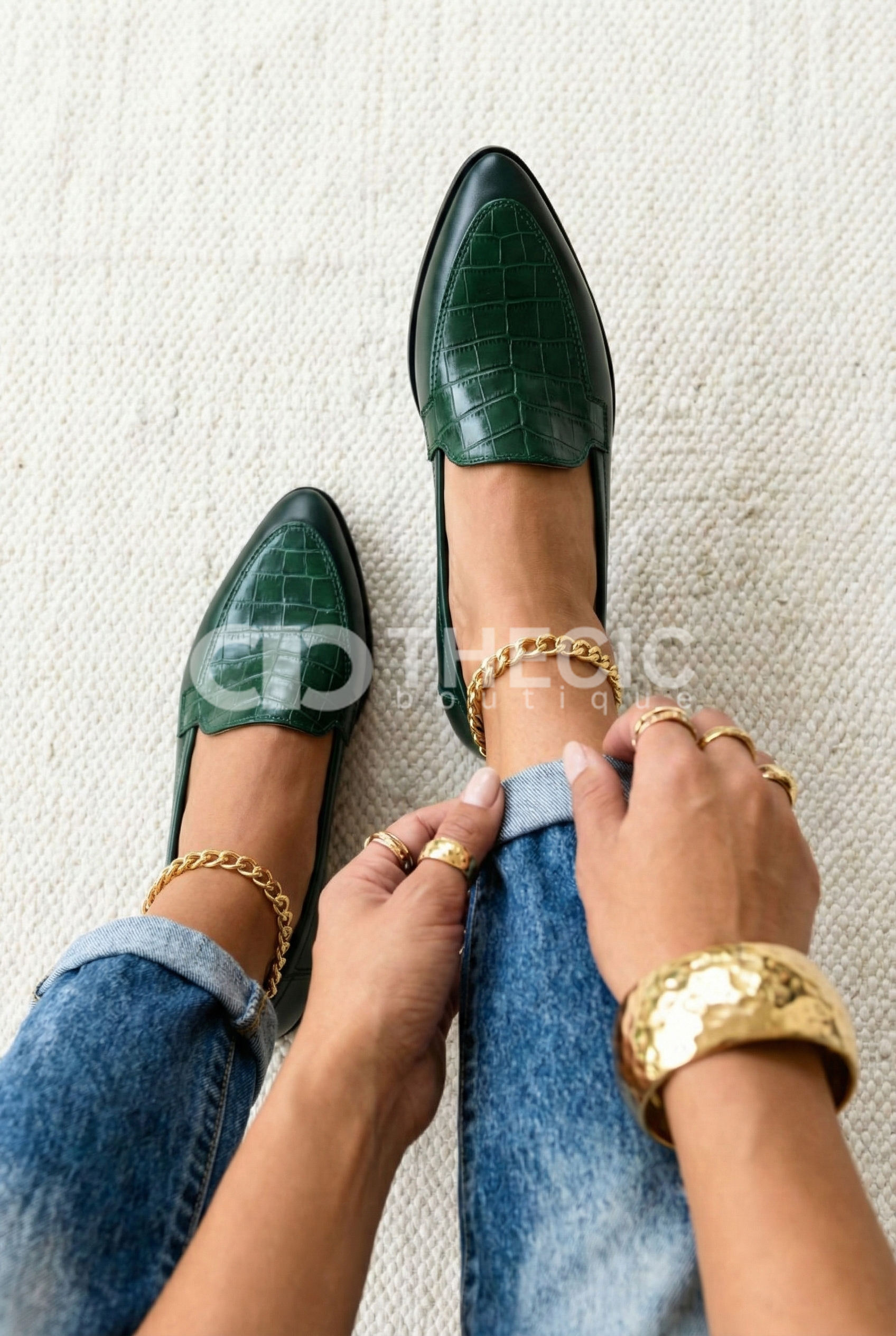 Crocodile-Embossed Pointed-Toe Leather Loafers