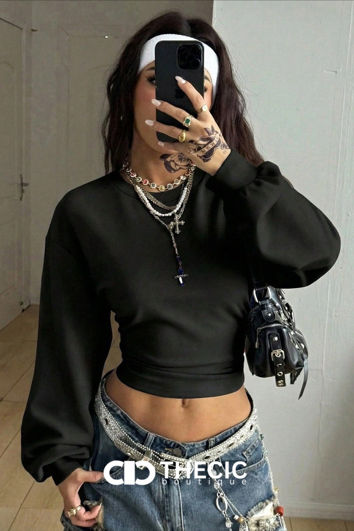 Cropped Balloon Sleeve Wrap Waist Sweatshirt