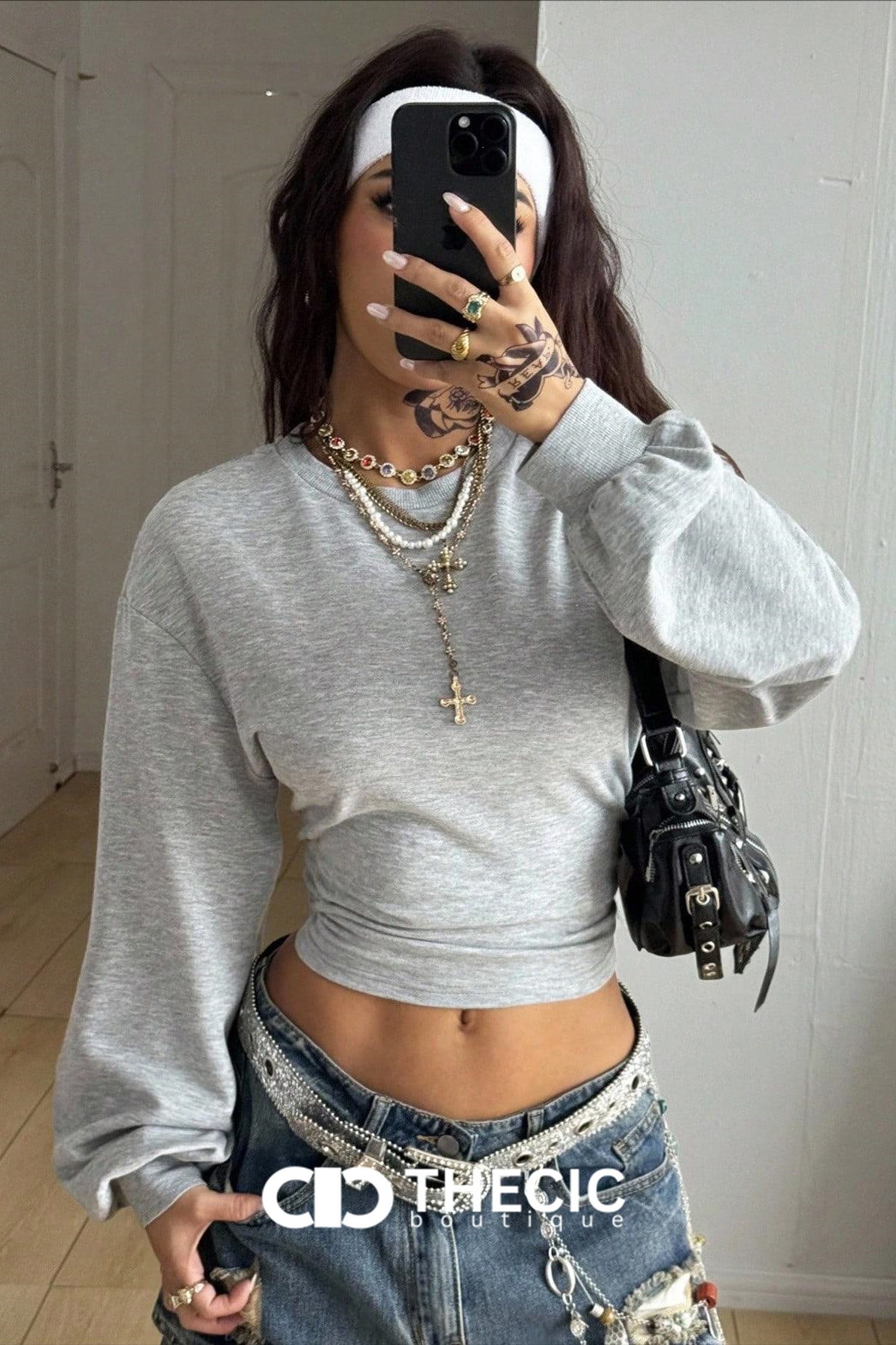 Cropped Balloon Sleeve Wrap Waist Sweatshirt