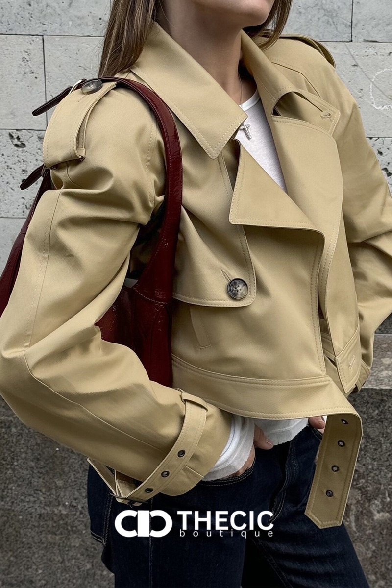 Cropped Belted Double-Breasted Trench Jacket