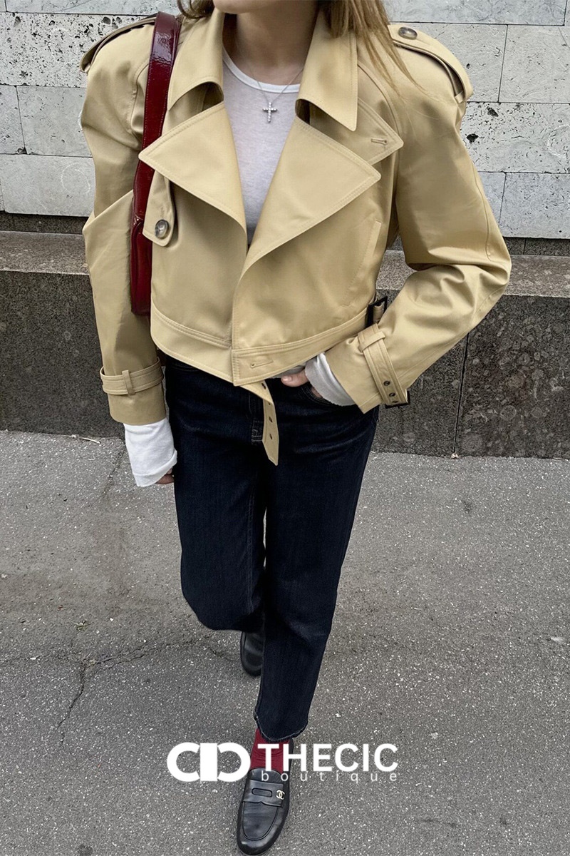 Cropped Belted Double-Breasted Trench Jacket