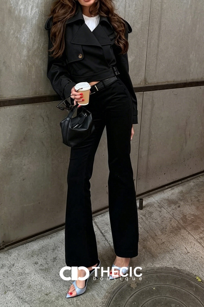Cropped Belted Double-Breasted Trench Jacket