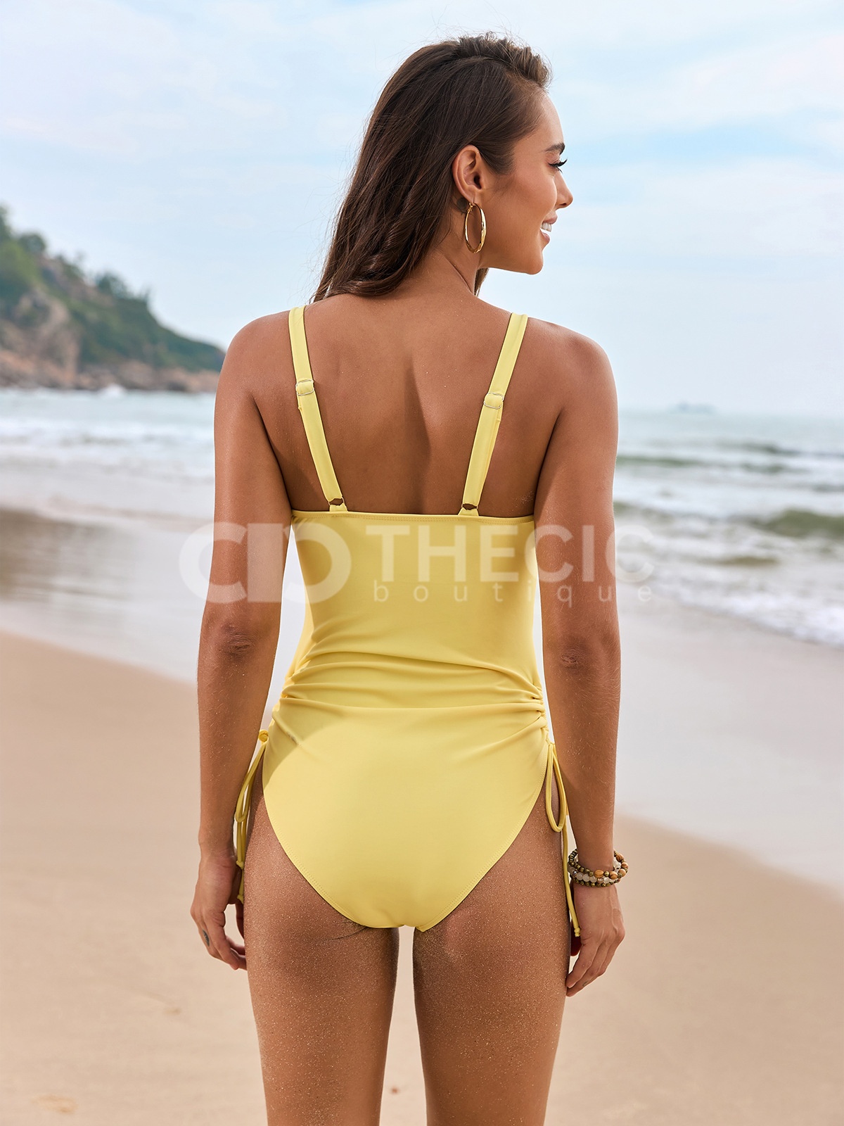 Crossover V-Neck Mesh Insert Ruched Drawstring One-Piece Swimsuit