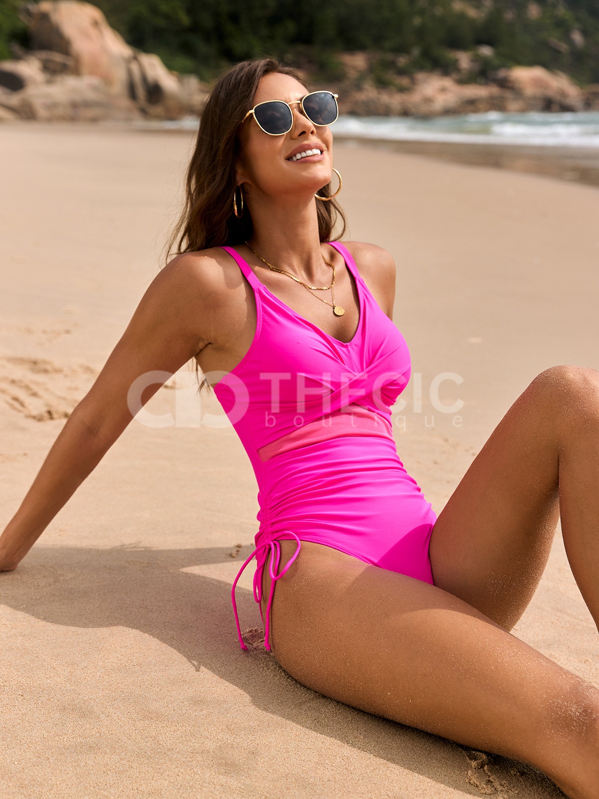 Crossover V-Neck Mesh Insert Ruched Drawstring One-Piece Swimsuit