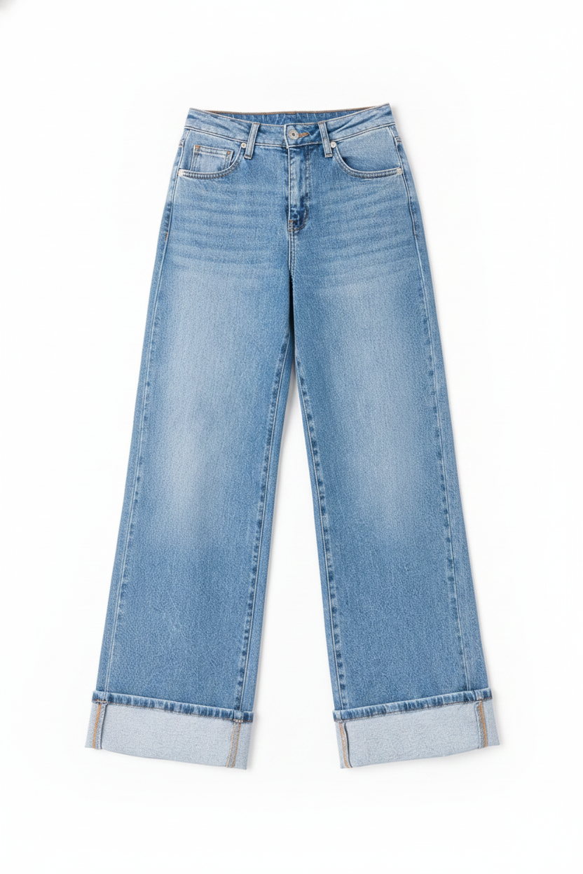 Cuffed Hem Wide-Leg Denim Jeans