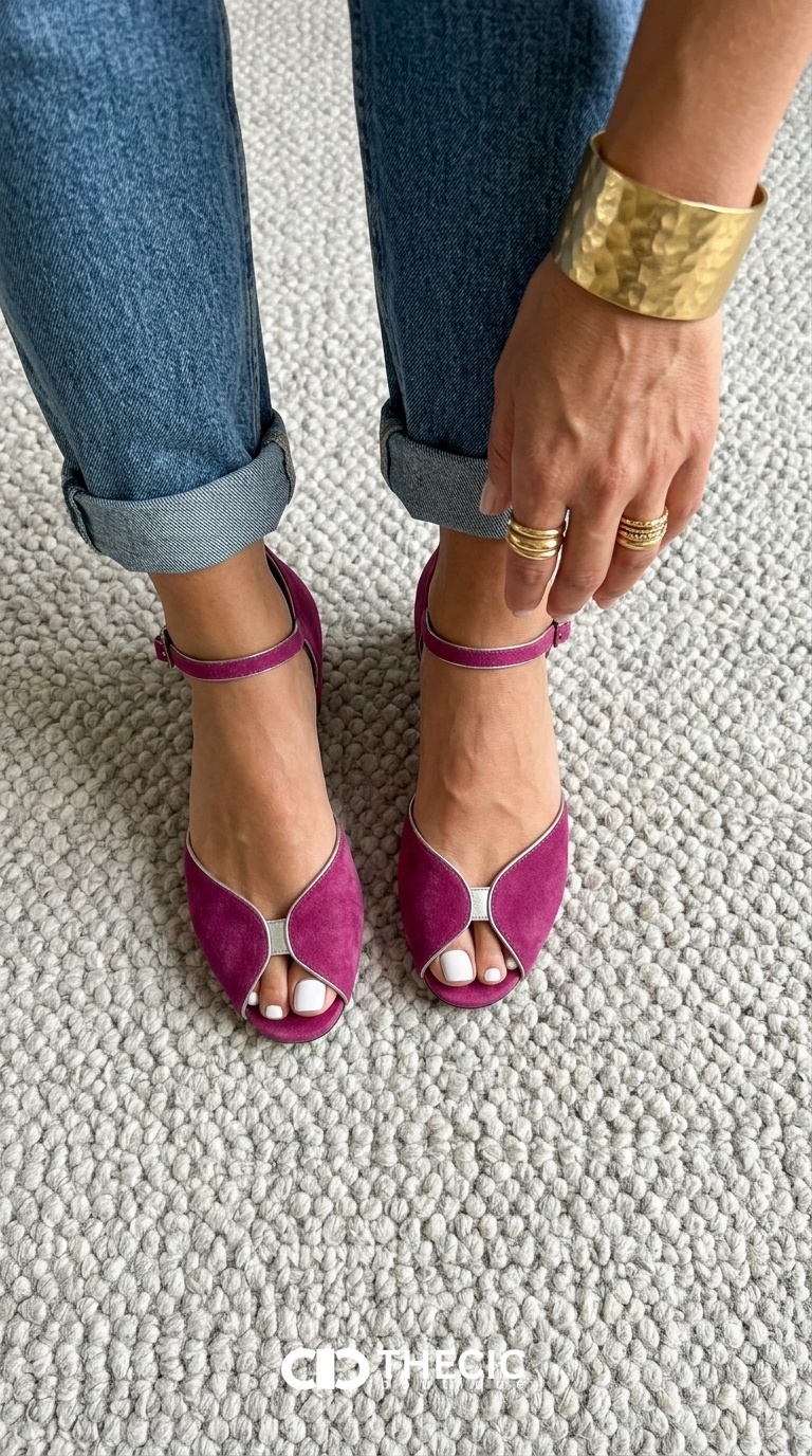 Curved Metallic Trim Open-Toe Ankle Strap Sandals