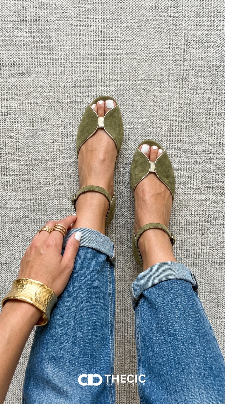 Curved Metallic Trim Open-Toe Ankle Strap Sandals