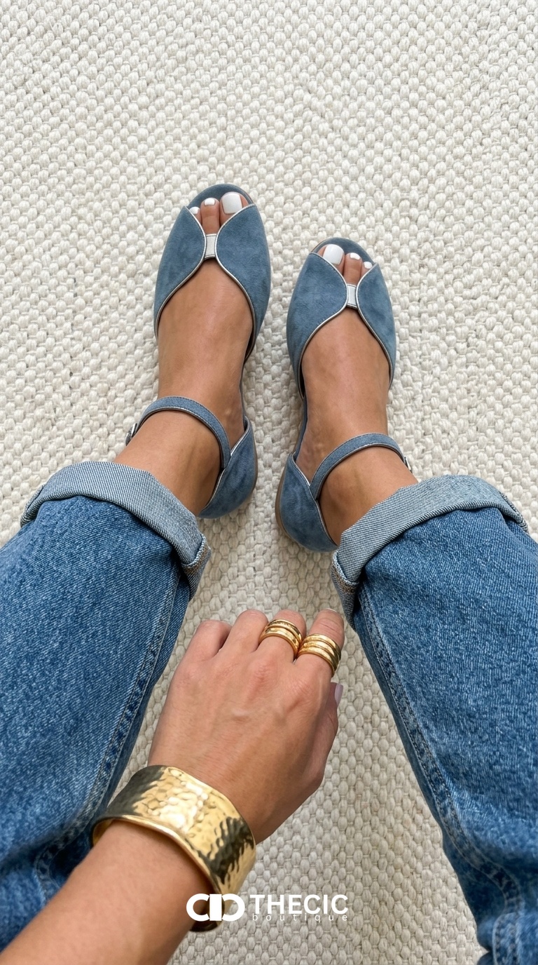 Curved Metallic Trim Open-Toe Ankle Strap Sandals