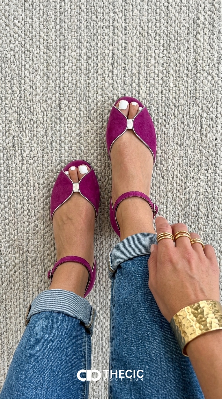 Curved Metallic Trim Open-Toe Ankle Strap Sandals