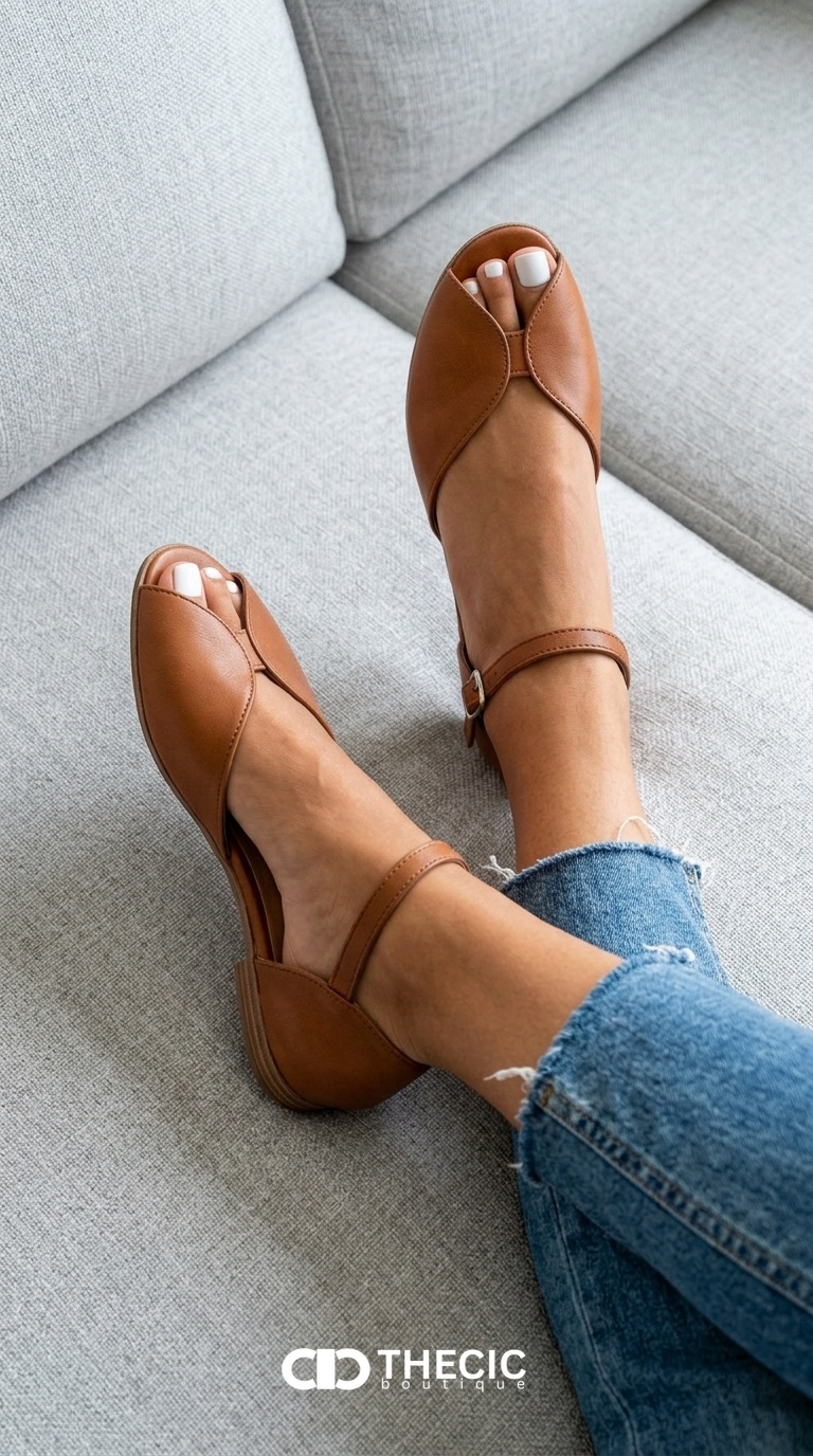 Curved Metallic Trim Open-Toe Ankle Strap Sandals